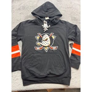 NHL Anaheim Ducks Mens Lace Up Hoodie Black Orange Mighty Ducks Logo Small NEW